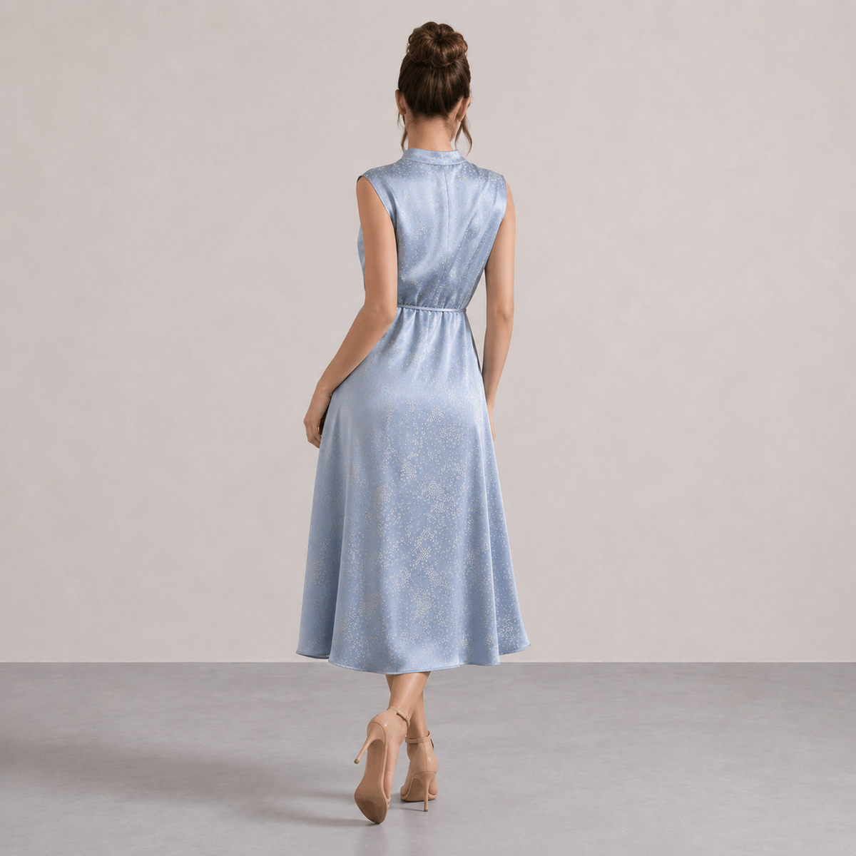 Mock Neck Sleeveless Tie Waist Jacquard Satin Midi Dress 12