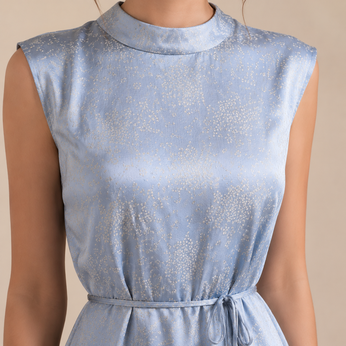 Mock Neck Sleeveless Tie Waist Jacquard Satin Midi Dress 11