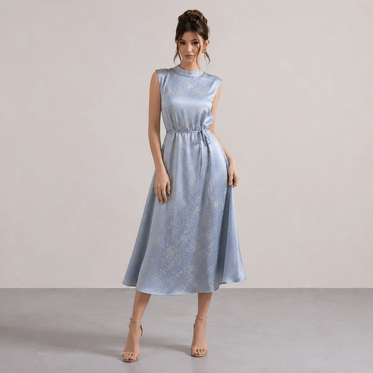 Mock Neck Sleeveless Tie Waist Jacquard Satin Midi Dress 10