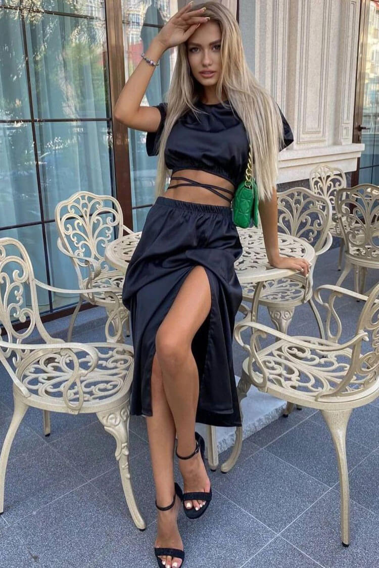 Iconic Wrapped Crop Top High Waist Split Two Piece Midi Dress - Black  Fashionpara