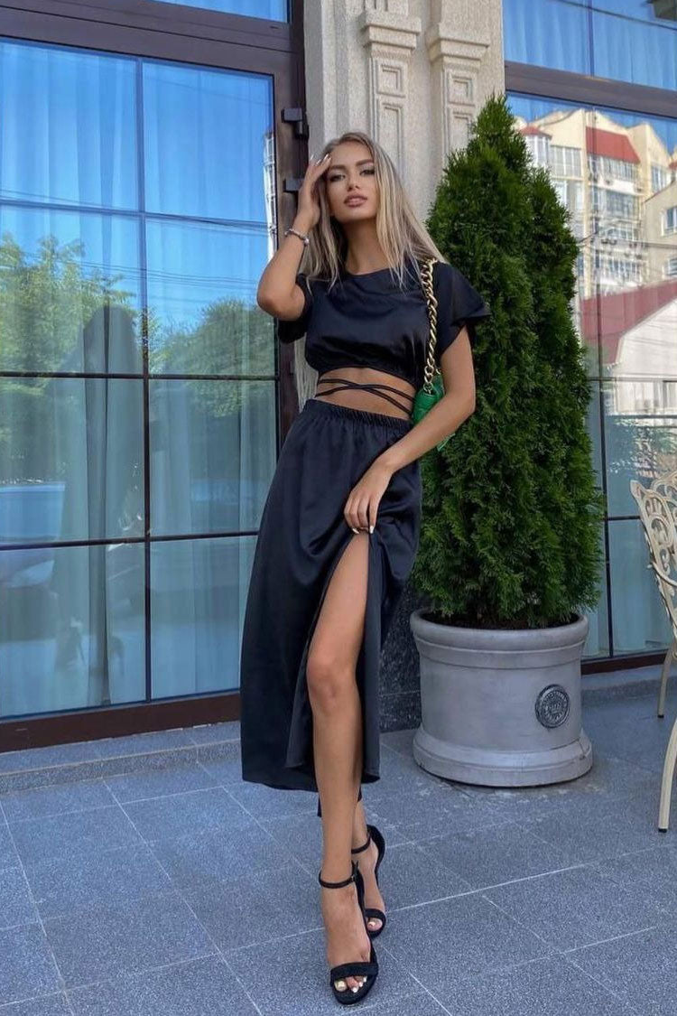 Iconic Wrapped Crop Top High Waist Split Two Piece Midi Dress - Black  Fashionpara
