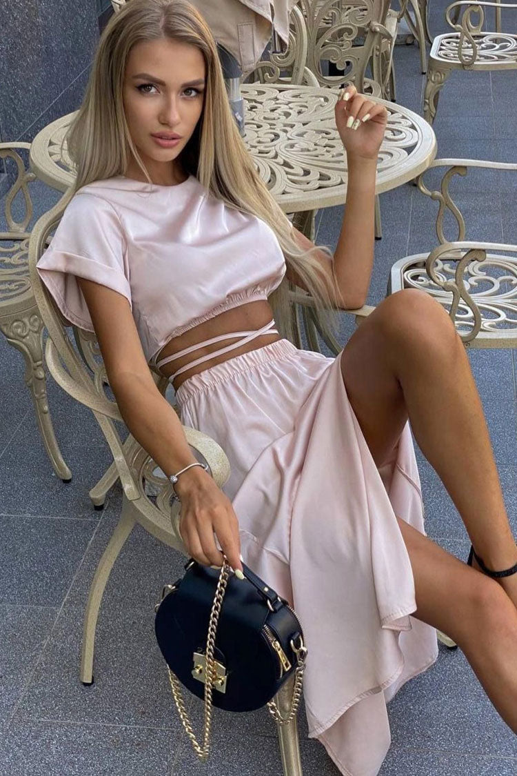 Iconic Wrapped Crop Top High Waist Split Two Piece Midi Dress - Pink  Fashionpara