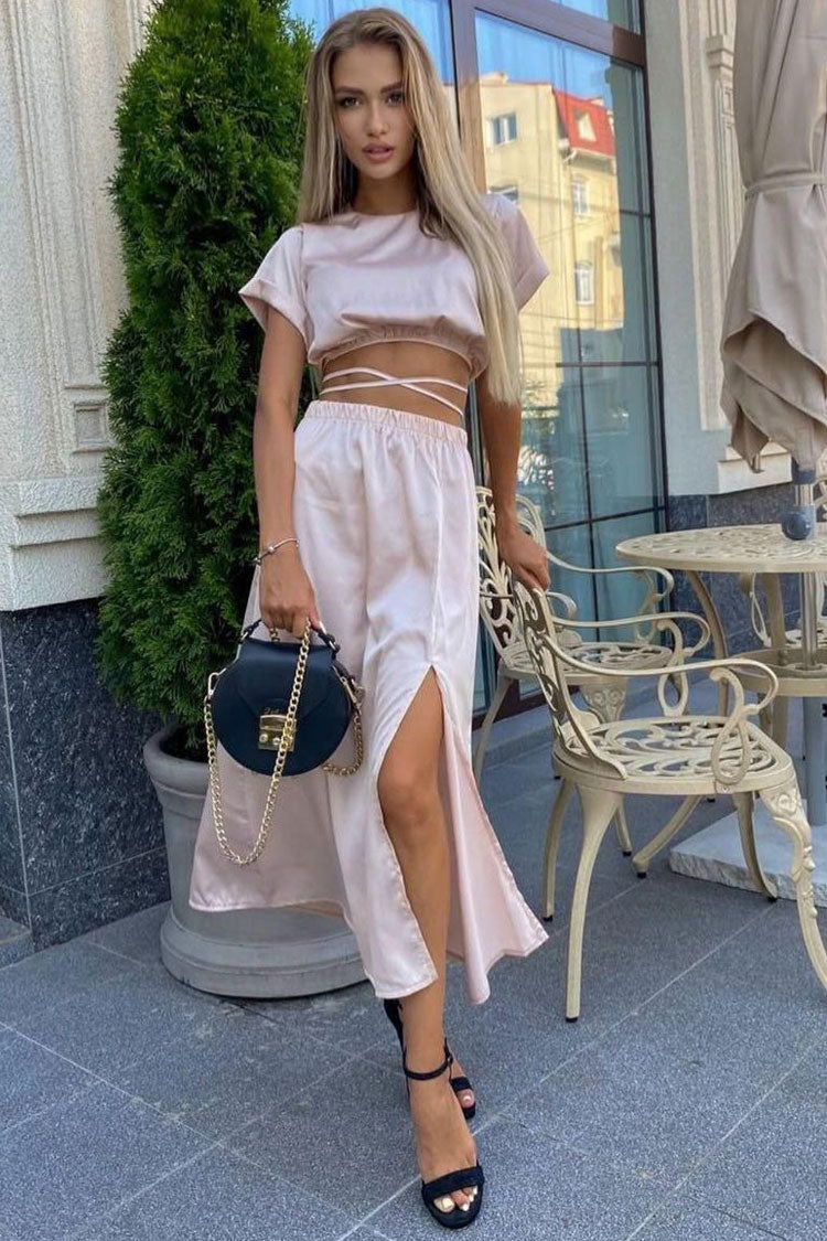 Iconic Wrapped Crop Top High Waist Split Two Piece Midi Dress - Pink  Fashionpara