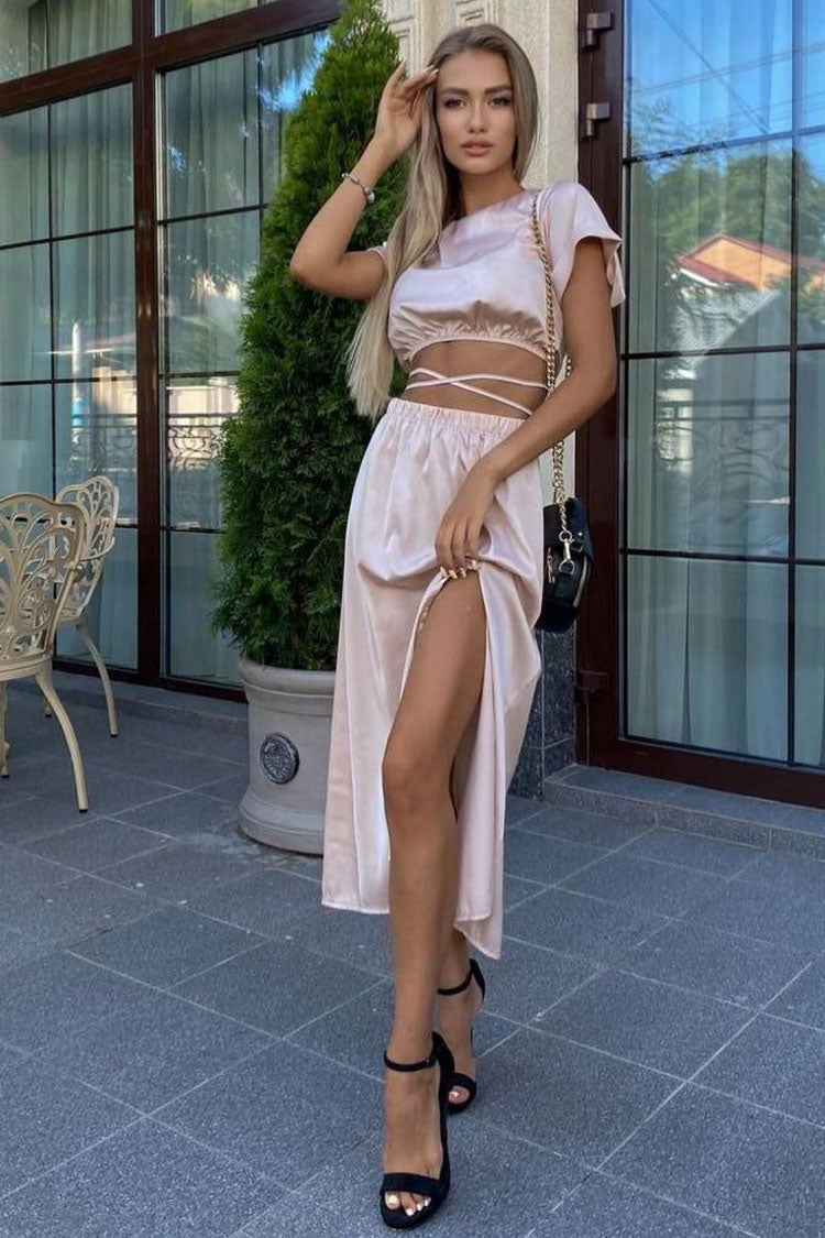Iconic Wrapped Crop Top High Waist Split Two Piece Midi Dress - Pink  Fashionpara