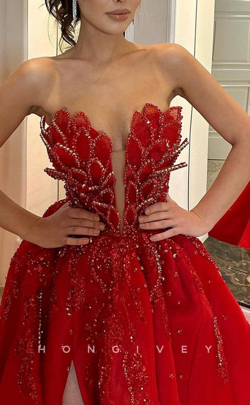 L2784 - A-Line Strapless Empire Beaded Appliques With Side Slit Party Prom Evening Dress - Fashionpara