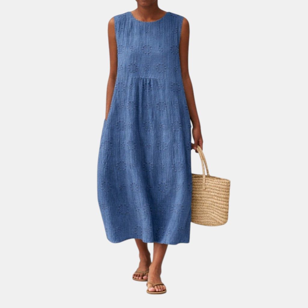 Eyelet Embroidered Round Neck Sleeveless Pocket Midi Dress 4