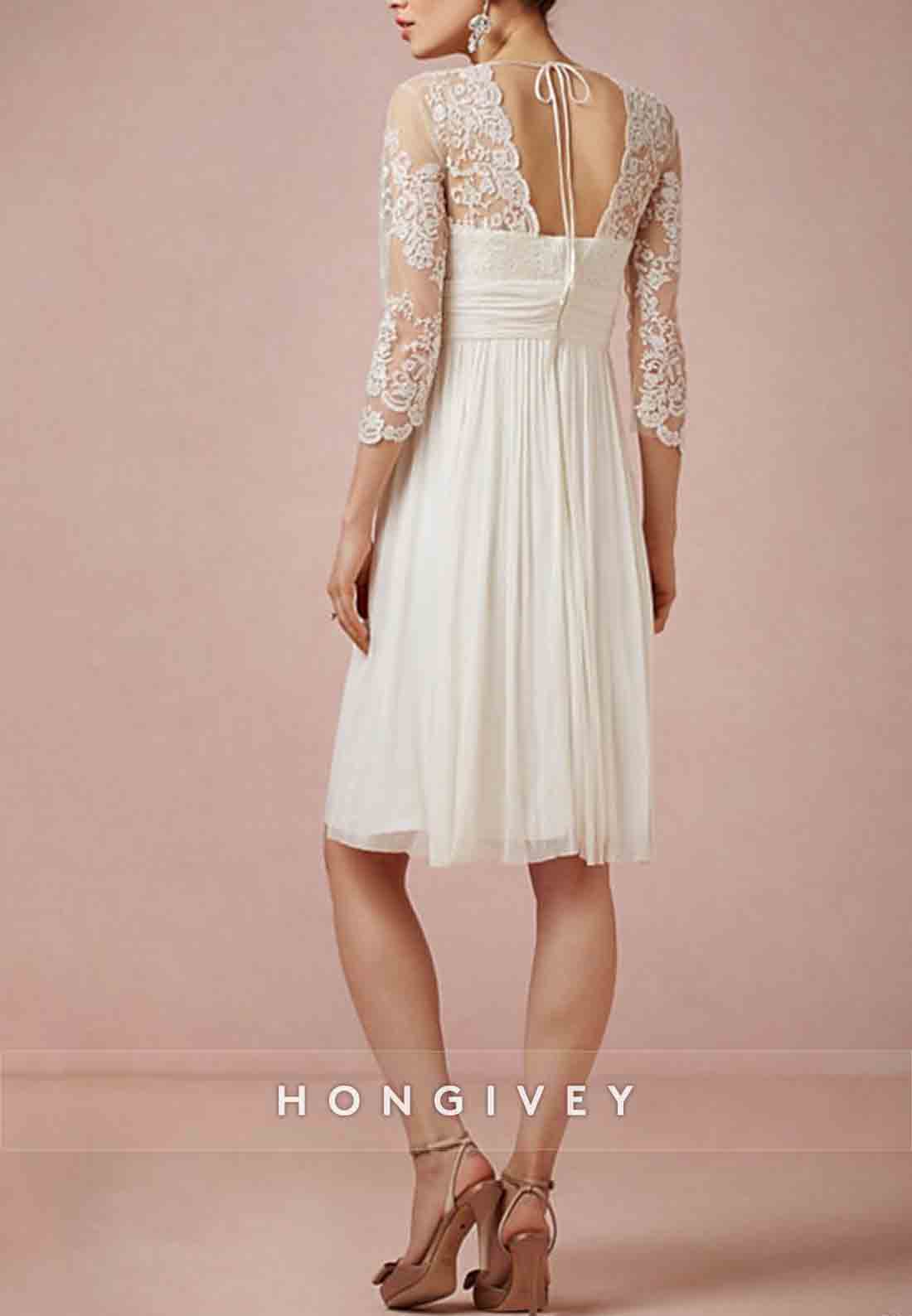 Scalloped Neck Knee Length Beach A-Line Lace 3/4sleeves Beach Wedding Dresses