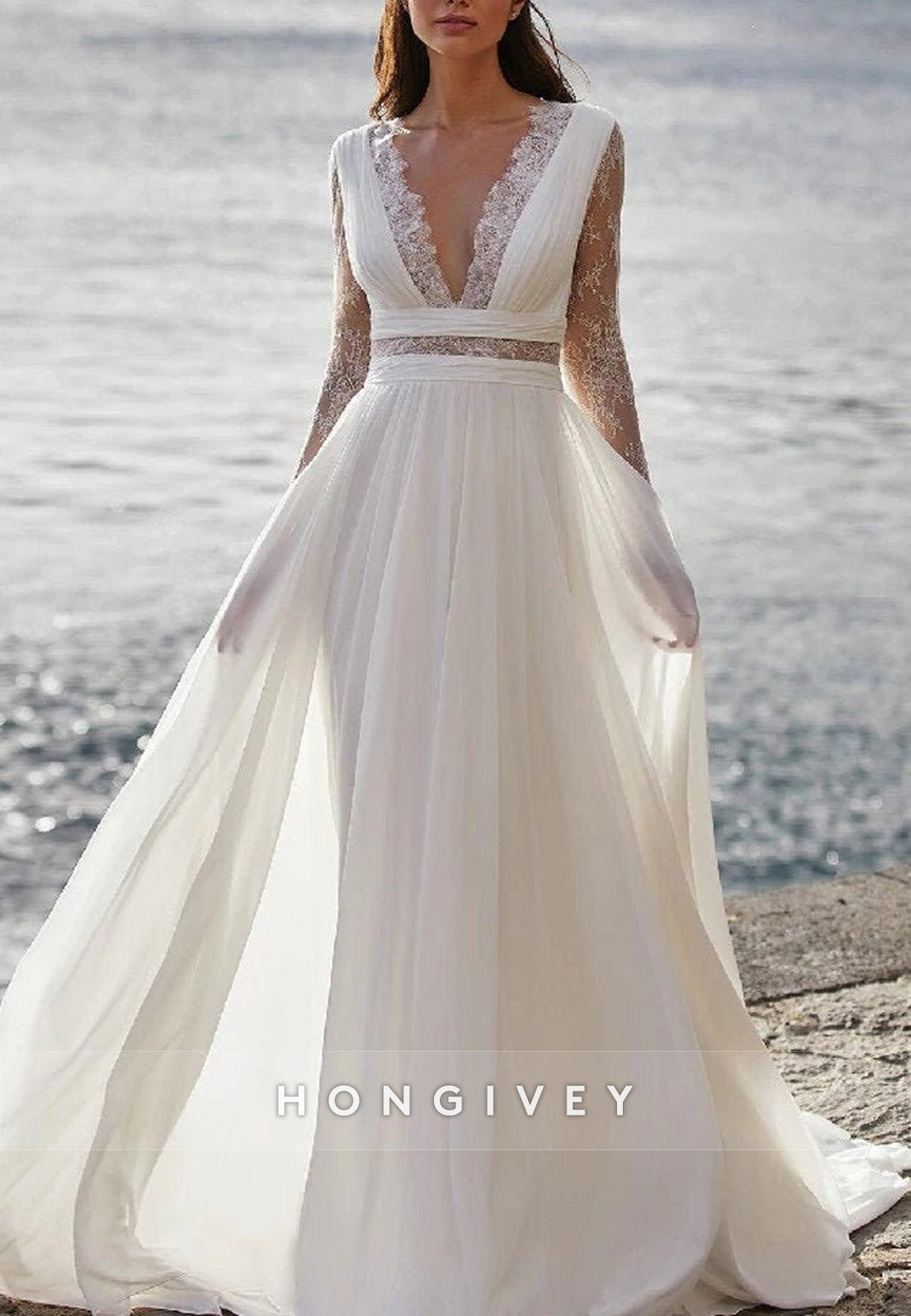 A-line Lace V Neck Floor-Length Long Sleeve Pleated Beach Wedding Dresses