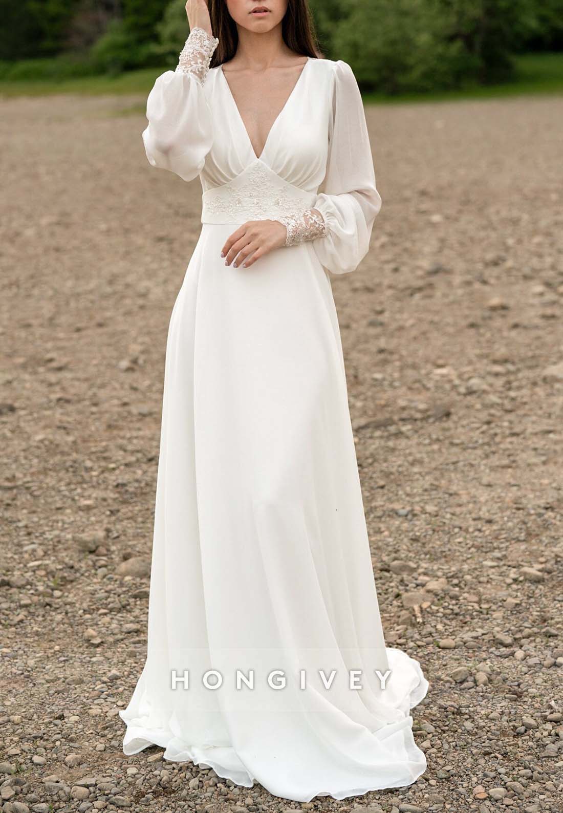 Lace Pleated Cut out Back Long Sleeve V Neck Floor-Length A-line Boho Wedding Dresses