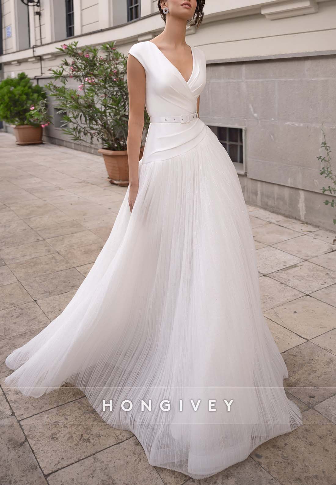 Waistband A-line Court Train V Neck Cap Sleeves Pleated Wedding Dresses