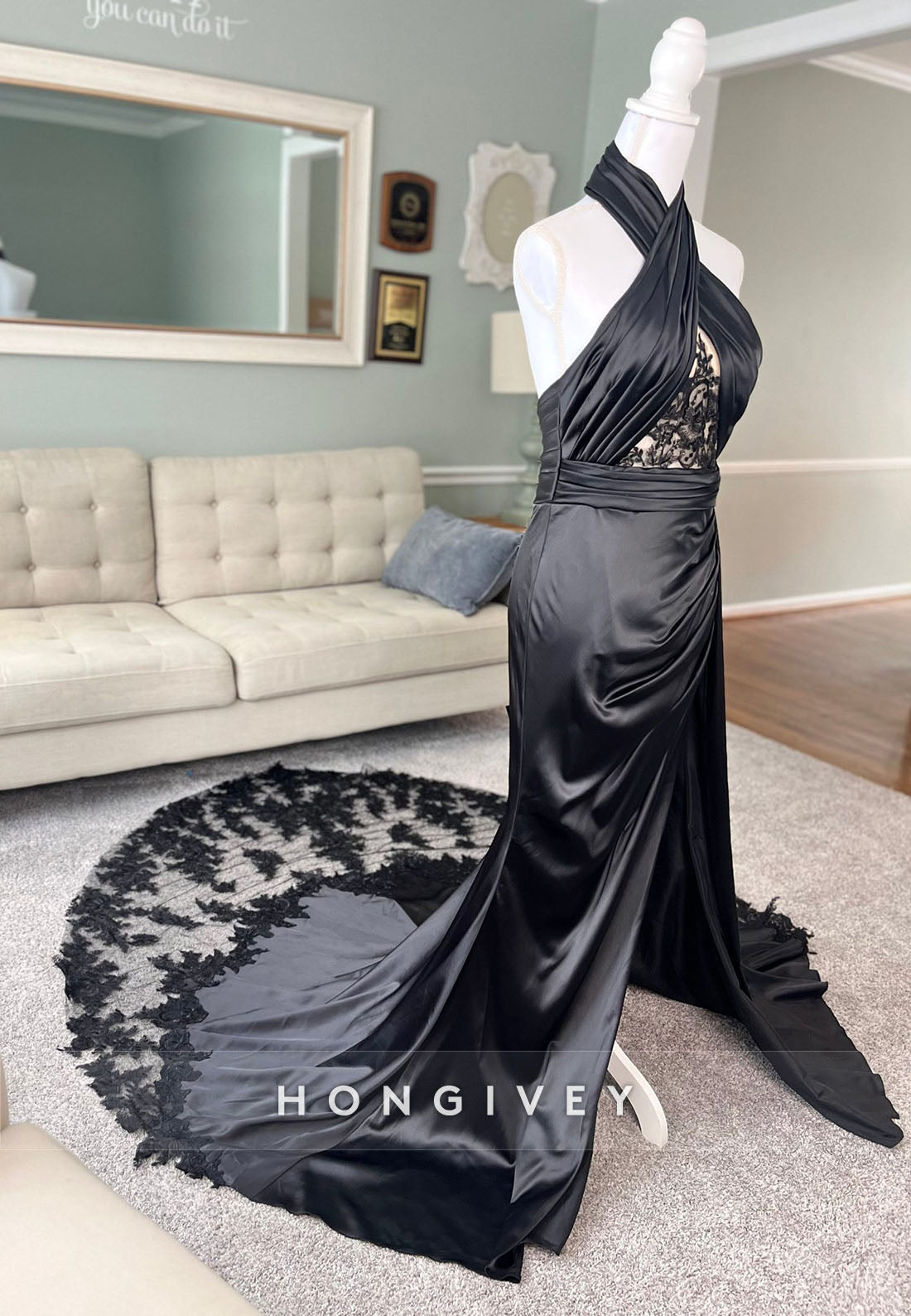 Halter Neck Lace Pleated Open Back Mermaid Black Wedding Dresses with High Slit