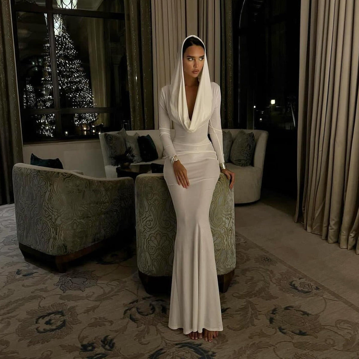 Hooded Long-Sleeve Draped Ruched Column Maxi Dress 2