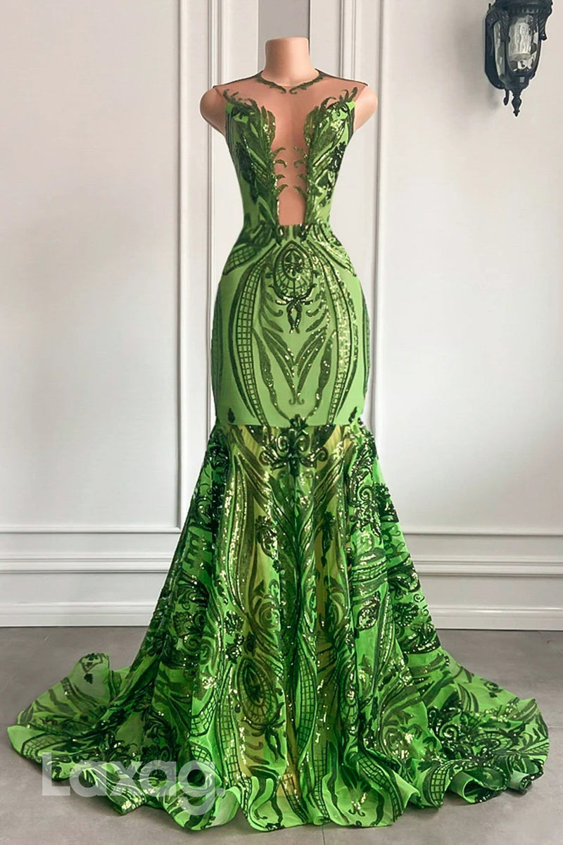 22473 - illusion V-Neck Appliques Sequins Mermaid Prom Dresses for Black Girl Slay