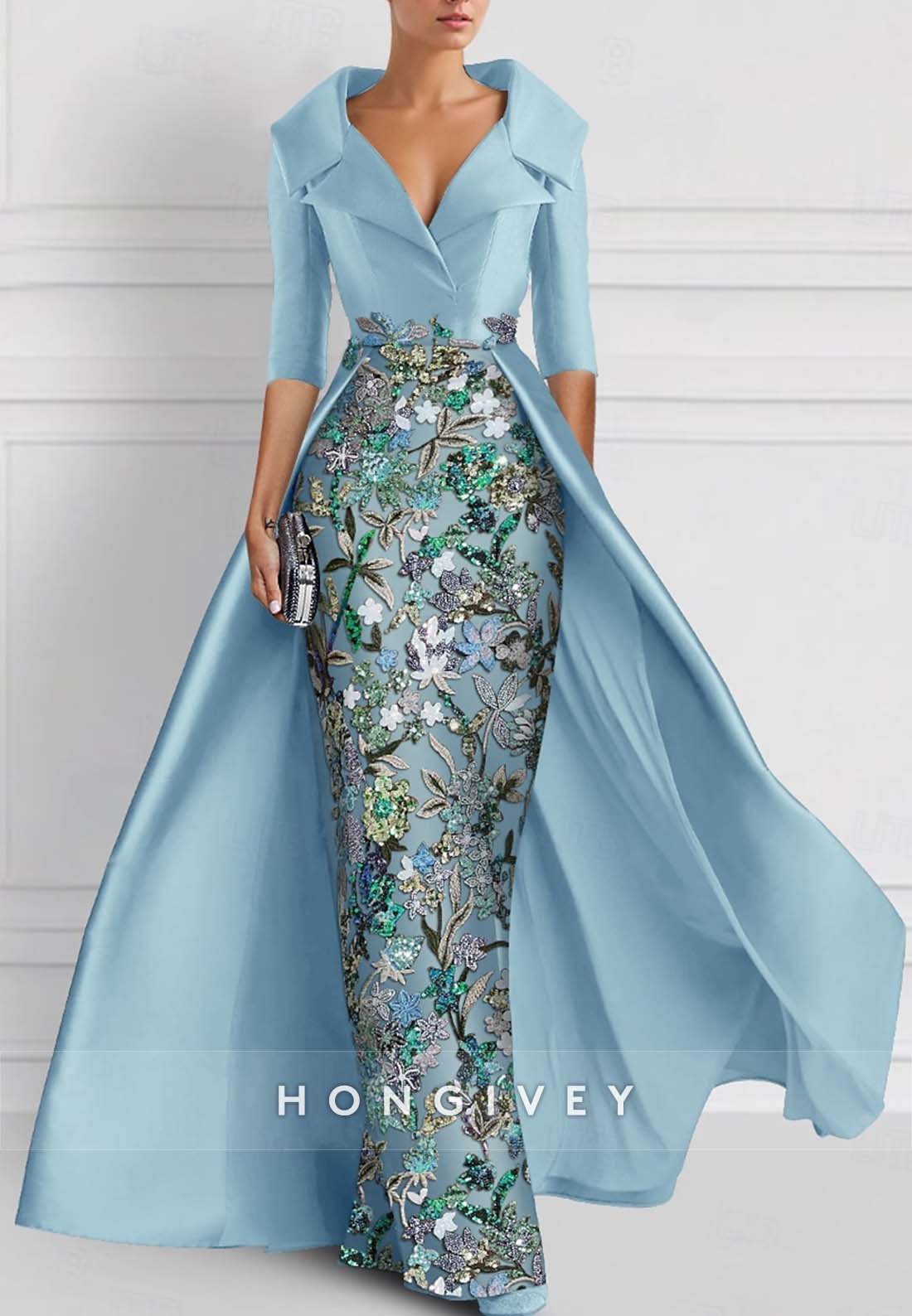 Sheath Floor-Length Evening Gown V Neck Watteau Train Half Sleeve Beading Mother of the Bride
