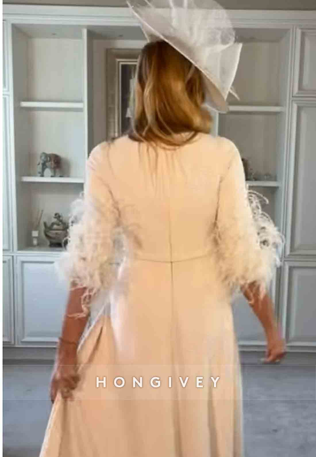 Feather A-line Floor-Length Pleated 3/4 Sleeve Mother of the Bride