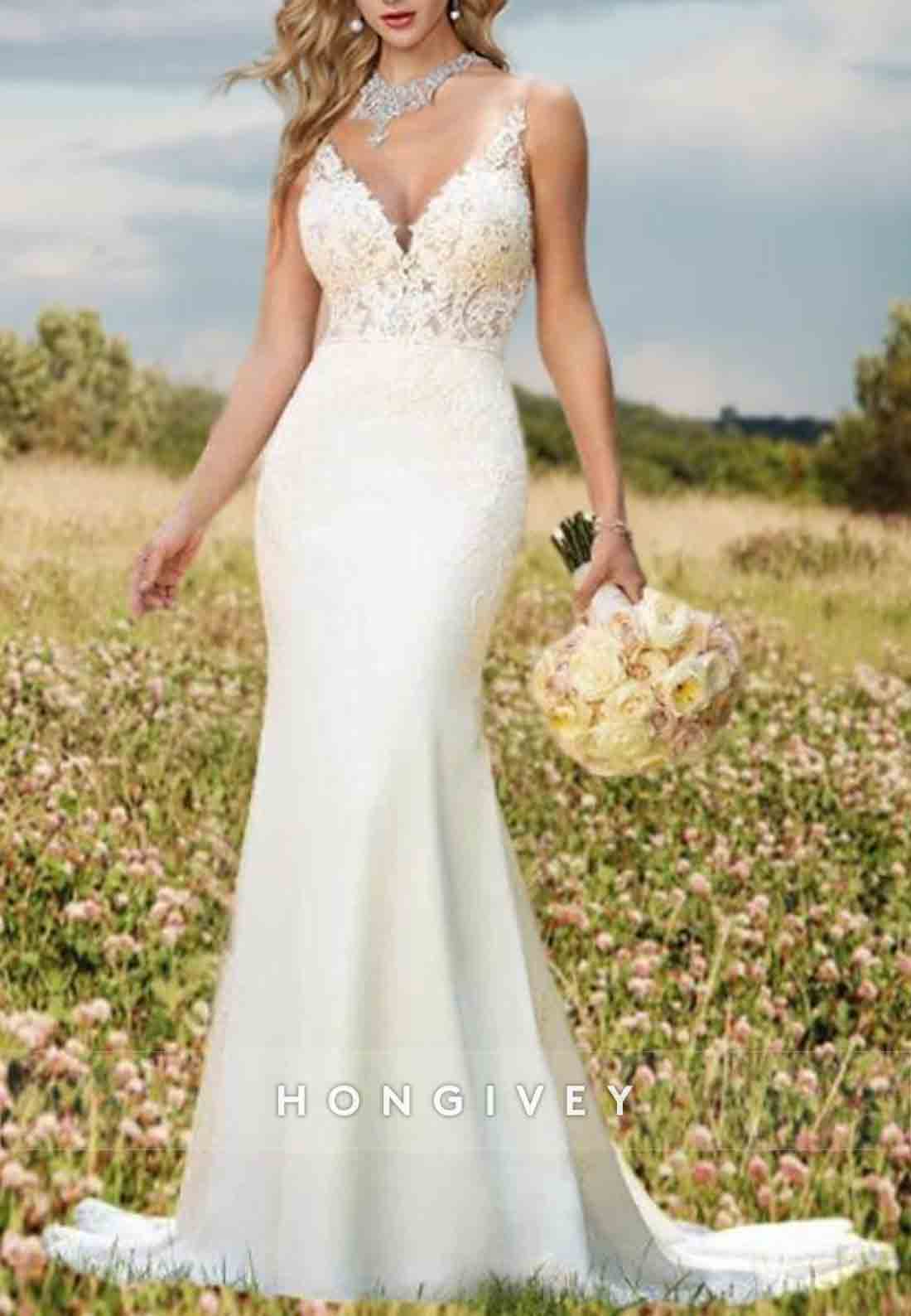 Sleeveless V Back Low Lace V-Neck Court Train Trumpet Boho Wedding Dresses