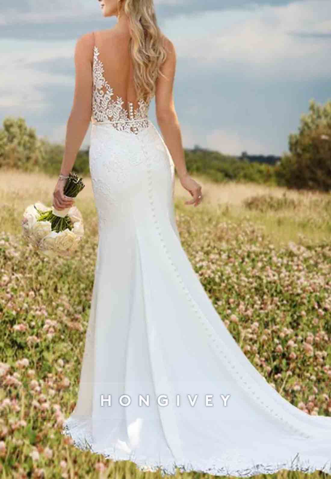 Sleeveless V Back Low Lace V-Neck Court Train Trumpet Boho Wedding Dresses