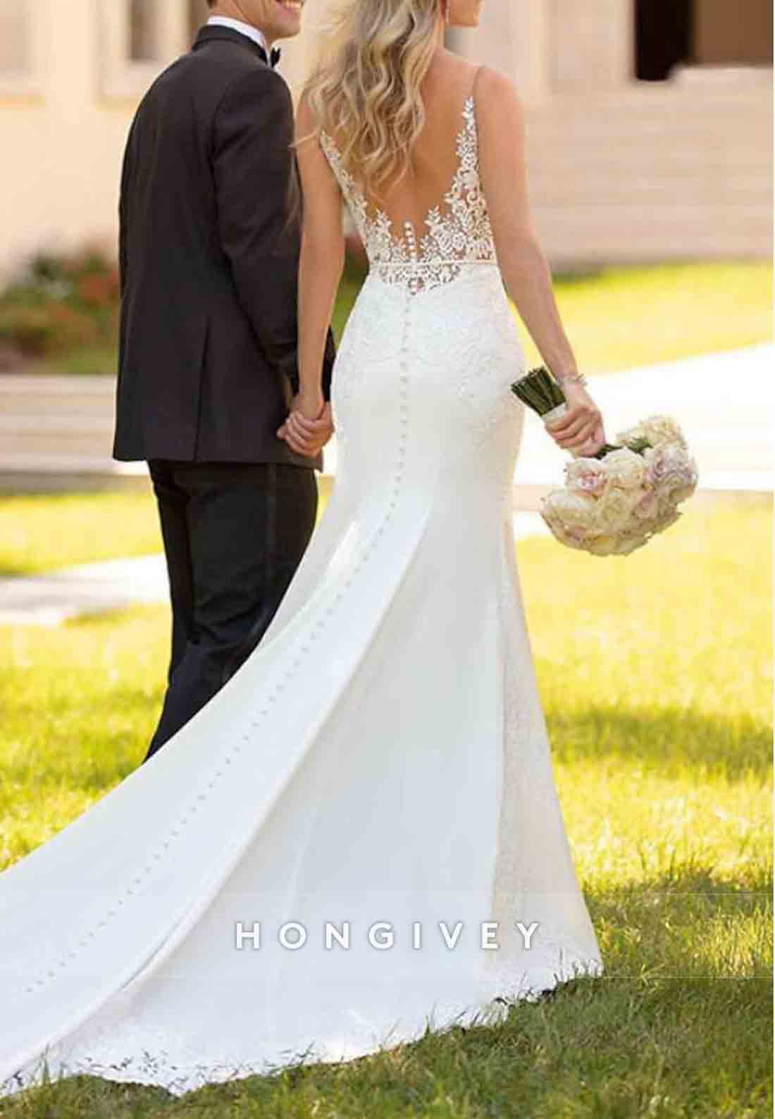 Sleeveless V Back Low Lace V-Neck Court Train Trumpet Boho Wedding Dresses