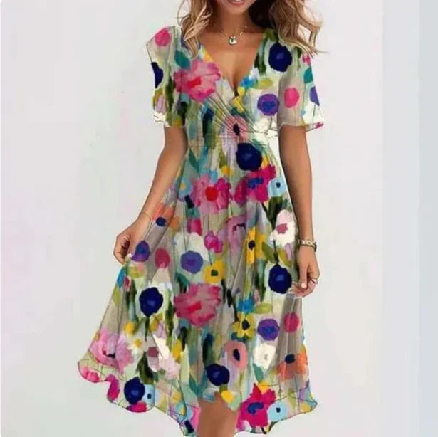 Floral Print Deep V-Neck Flutter Sleeve Wrap Belted Midi Dress - View 4