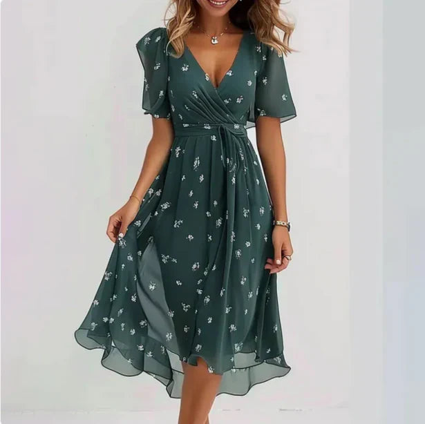 Floral Print Deep V-Neck Flutter Sleeve Wrap Belted Midi Dress