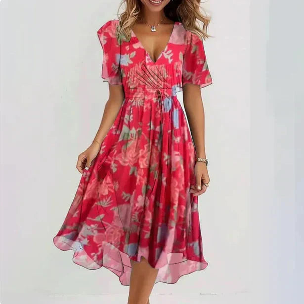 Floral Print Deep V-Neck Flutter Sleeve Wrap Belted Midi Dress - View 2