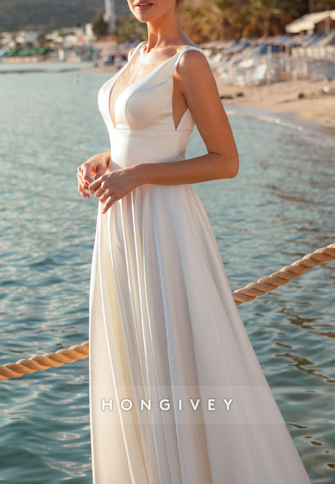 V Neck A-line Pleated Satin Sweep Train Cap Straps V Back Wedding Dresses
