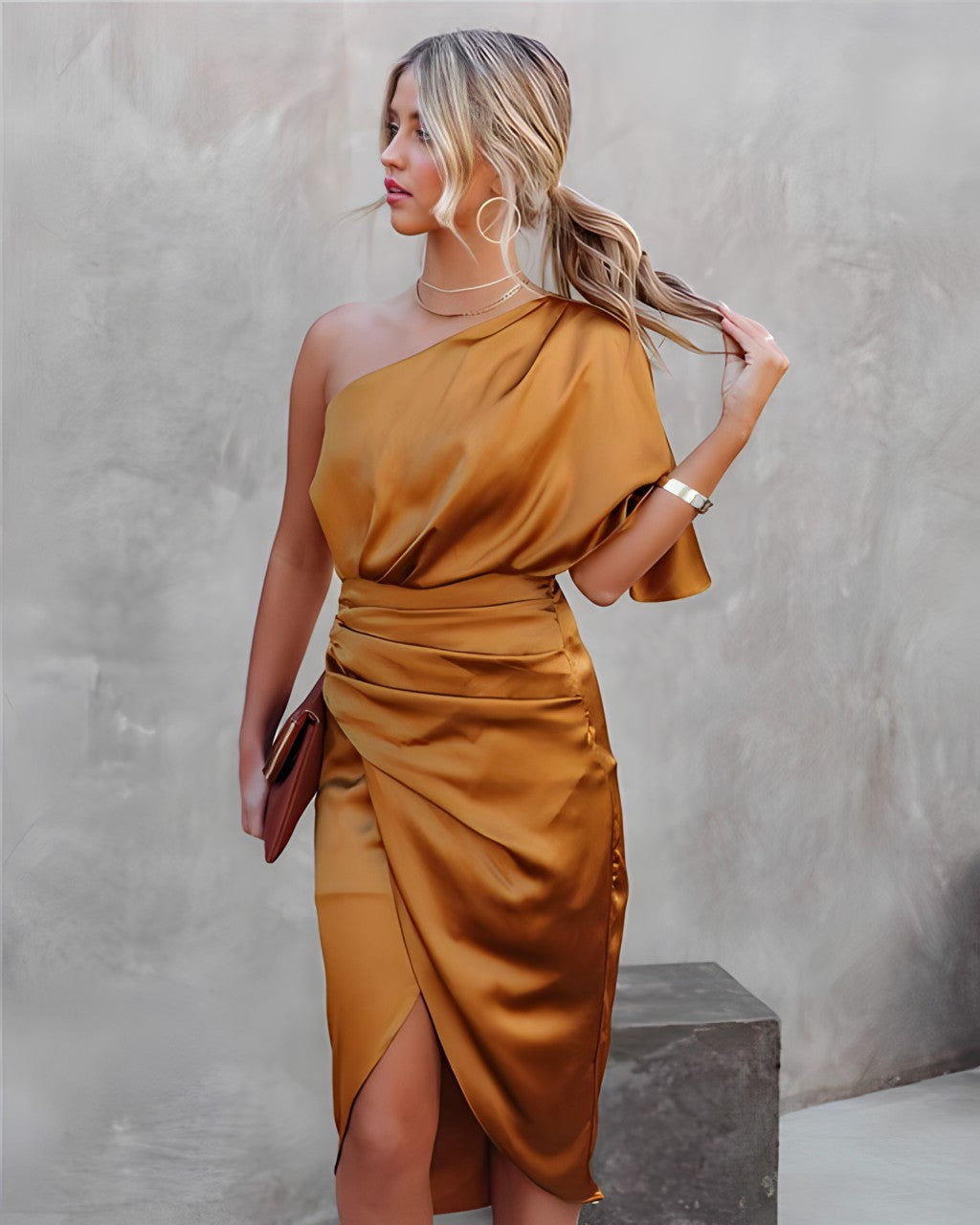 Satin One Shoulder Flutter Sleeve Ruched Tulip Hem Cocktail Midi Dress - View 19