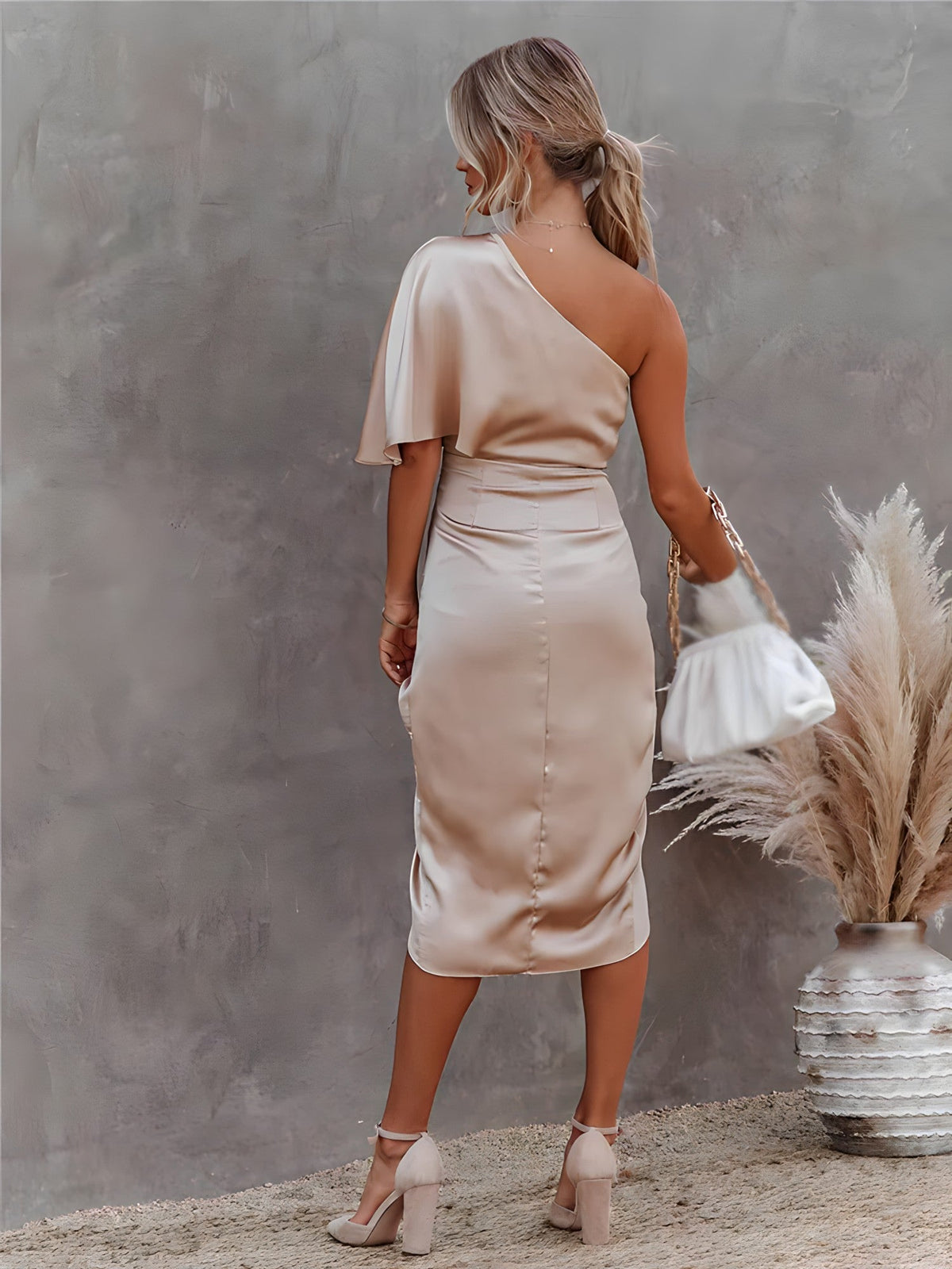 Satin One Shoulder Ruched Wrap High Split Mini Party Dress - View 12