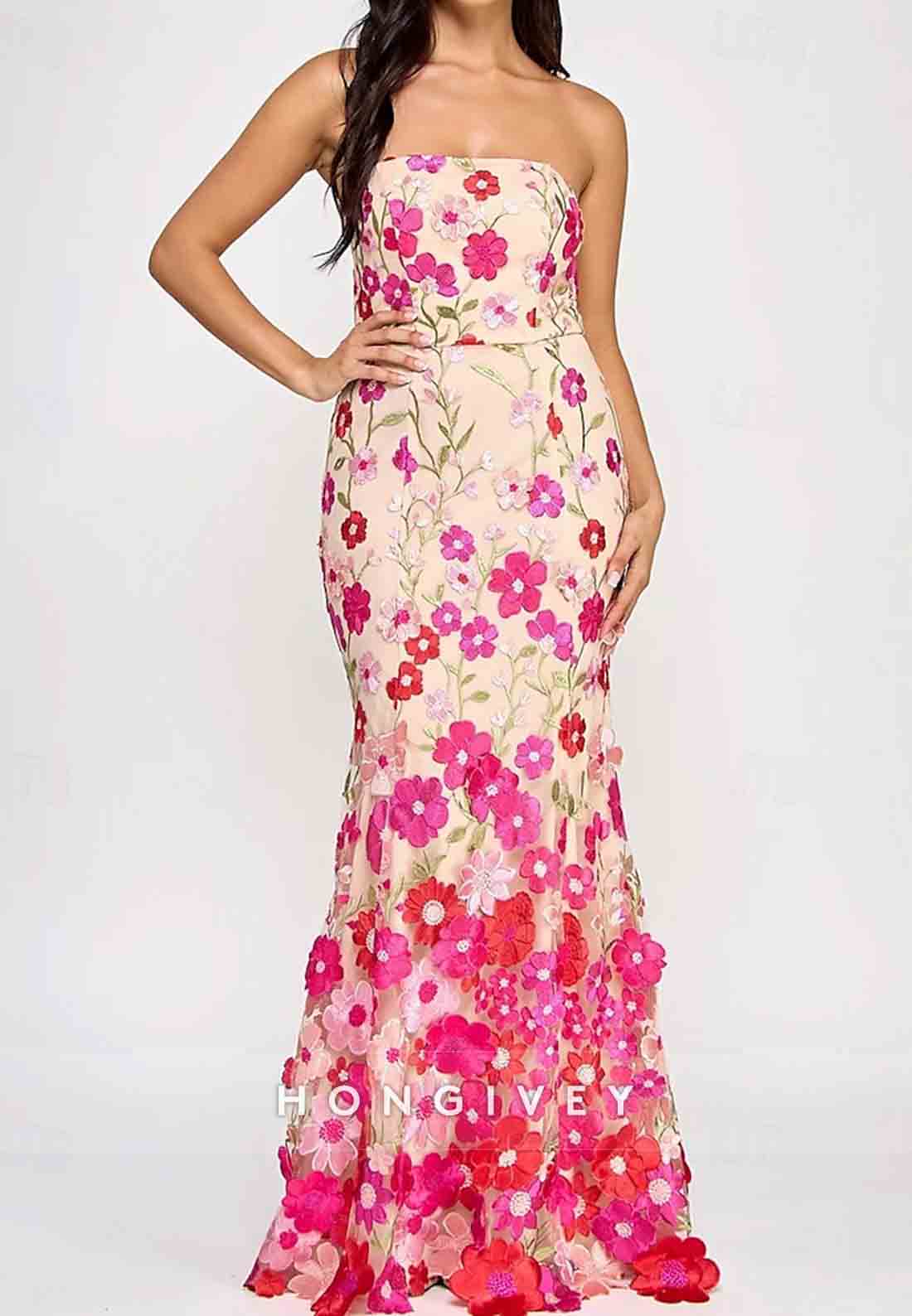 Trumpet Semi Formal Wedding Floor-Length Sleeveless Strapless Floral Embroidery Evening Gown