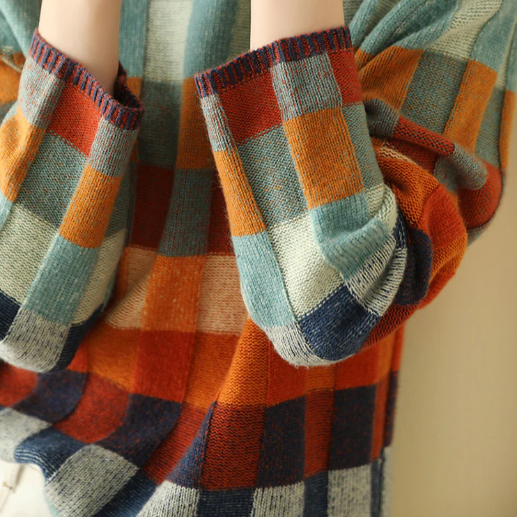 Mock Neck Patchwork Check Knit Oversized Sweater 5