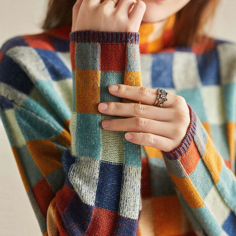 Mock Neck Patchwork Check Knit Oversized Sweater 7