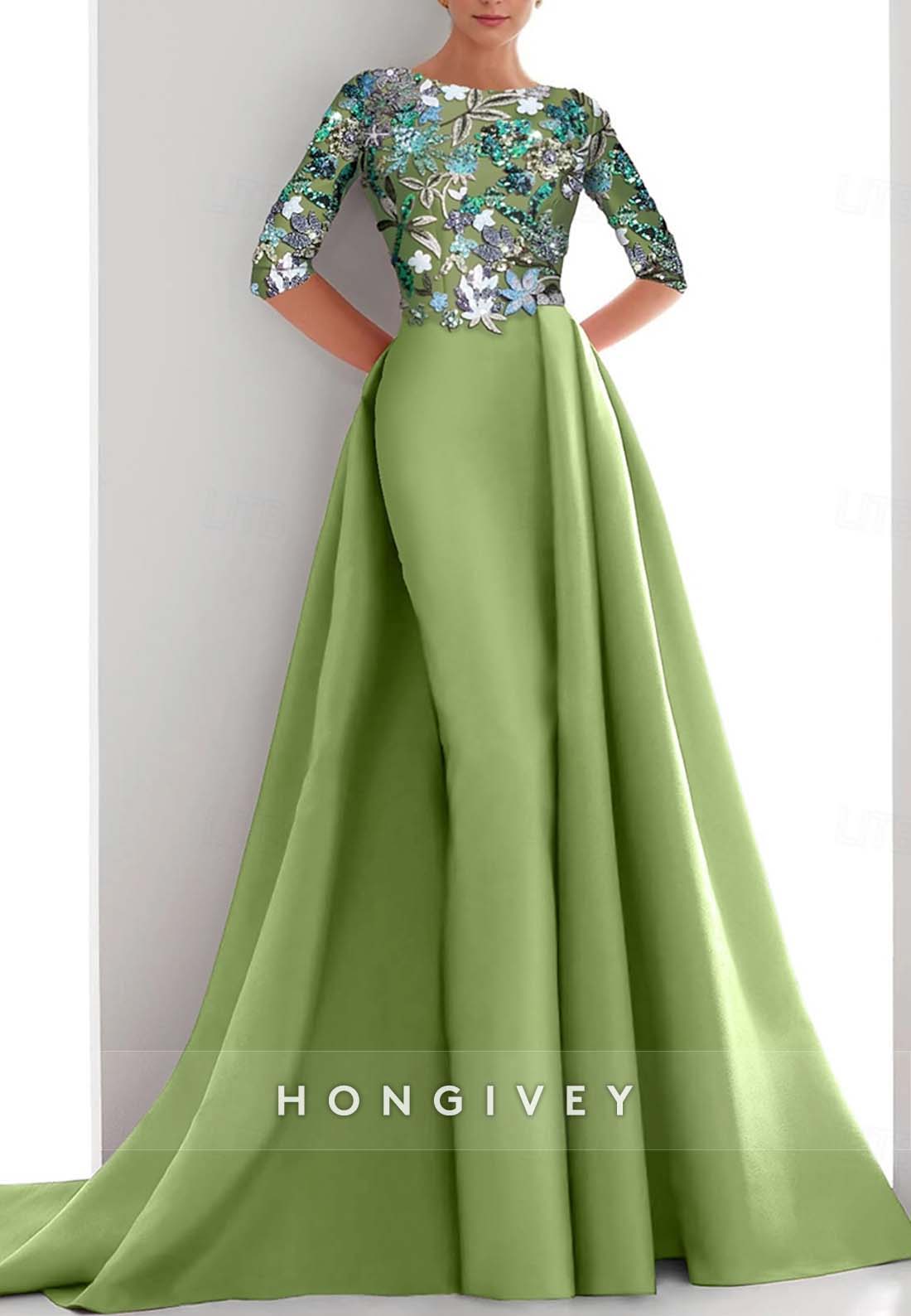 Half Sleeve Sheath Mother of the Bride Floor-Length Pleated Beading Evening Gown