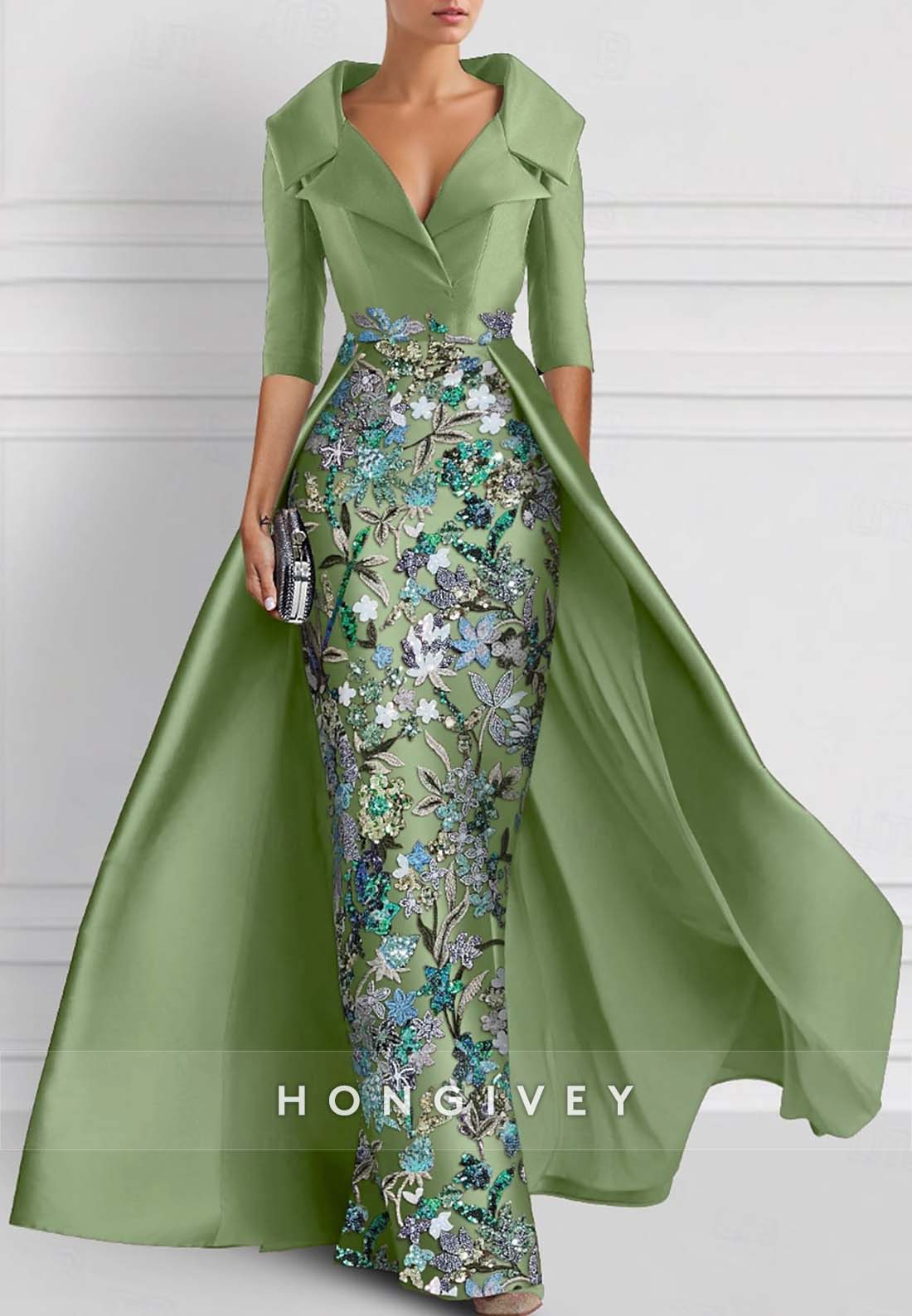 Sheath Floor-Length Evening Gown V Neck Watteau Train Half Sleeve Beading Mother of the Bride