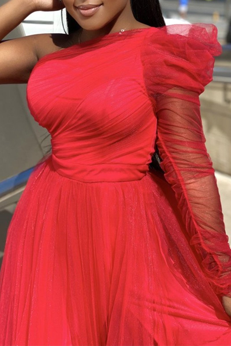 Plus Size Single Sleeve Elegant Party Wedding Guests Bridesmaid Tulle Maxi Dress  Fashionpara