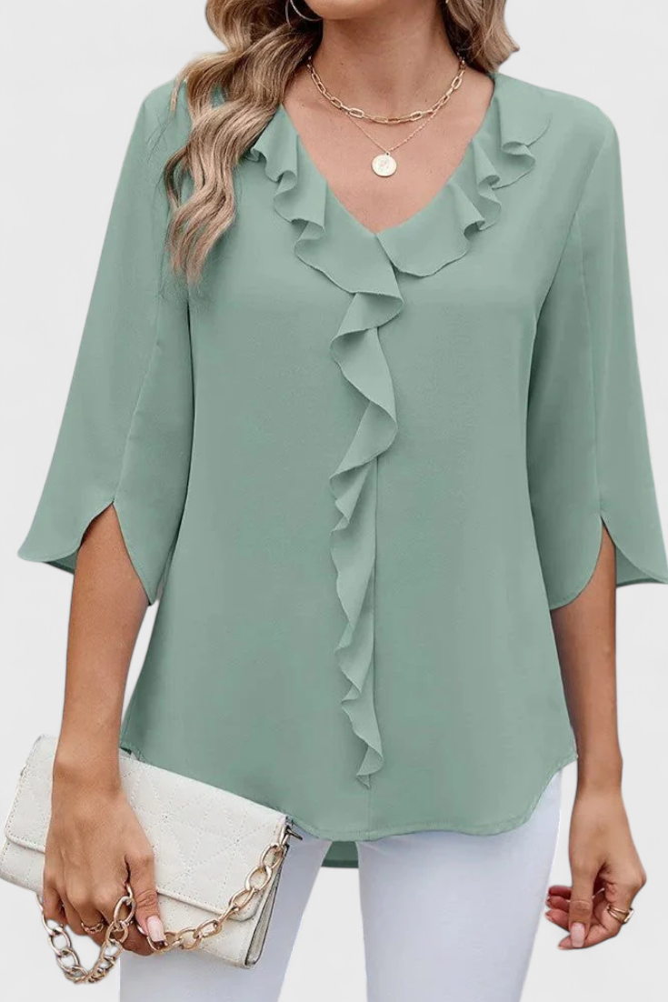 V-Neck Ruffle Front Half Sleeve Blouse