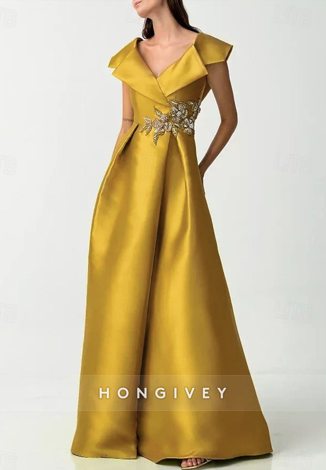 Pleated Appliqued Satin Cap Sleeves Evening Gown V Back Pockets Floor-Length A-line Mother of the Bride