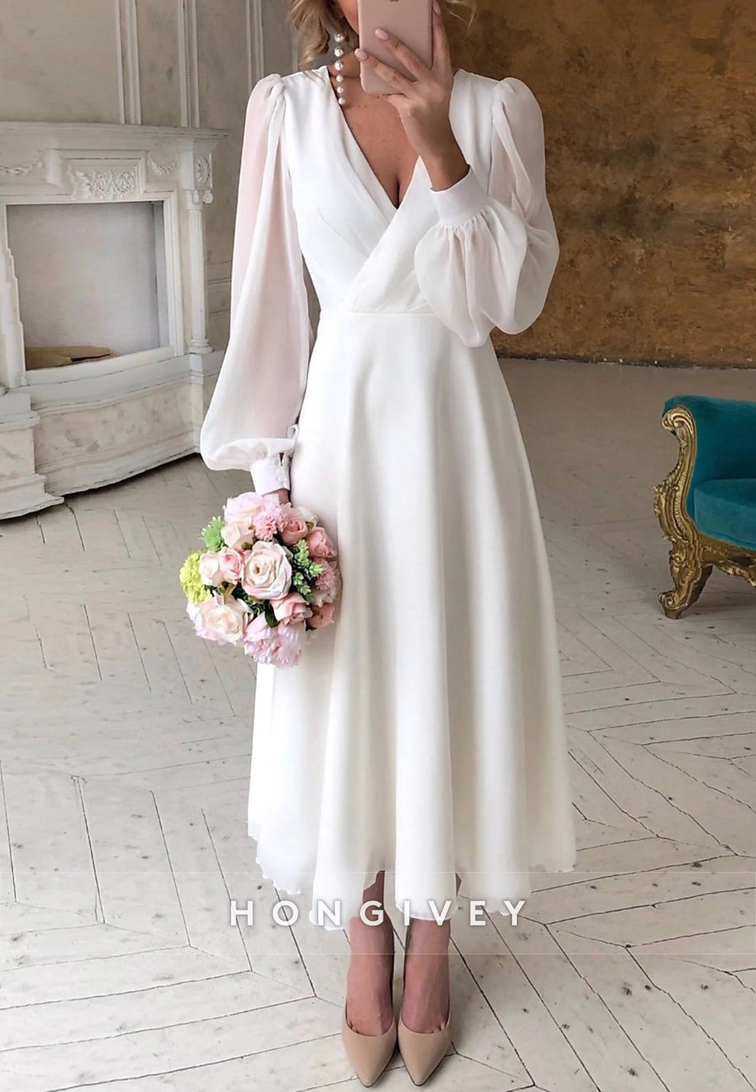 V Neck Tea-Length A-line Long Sleeve Pleated Wedding Dresses