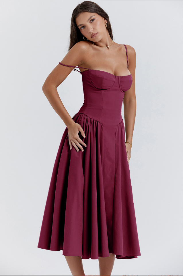 Corset Sweetheart Spaghetti Strap Fit and Flare Midi Dress 27