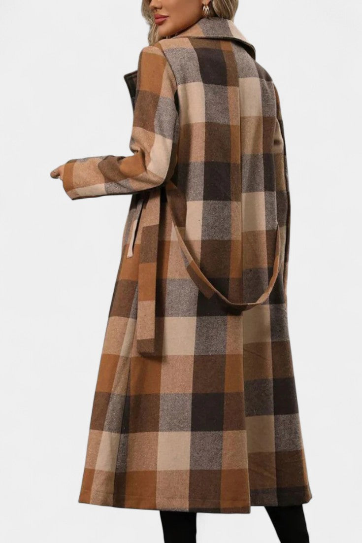 Plaid Double Breasted Notched Lapel Belted Longline Coat 6