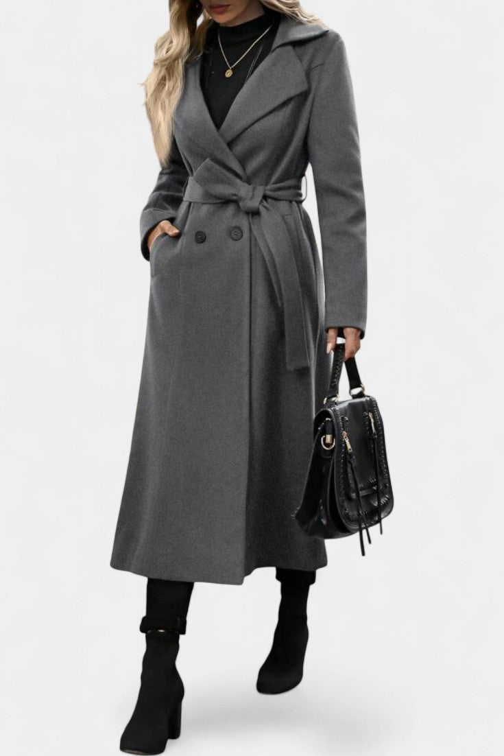 Plaid Double Breasted Notched Lapel Belted Longline Coat 9