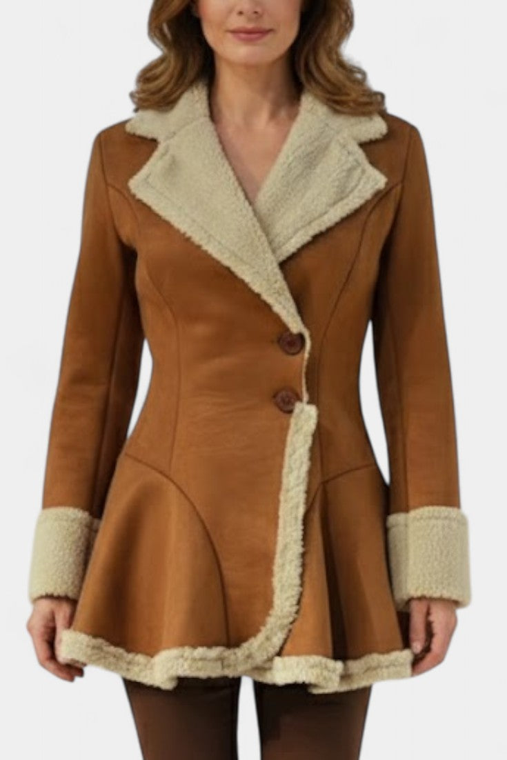 Faux Shearling Notch Collar Button Front Peplum Coat