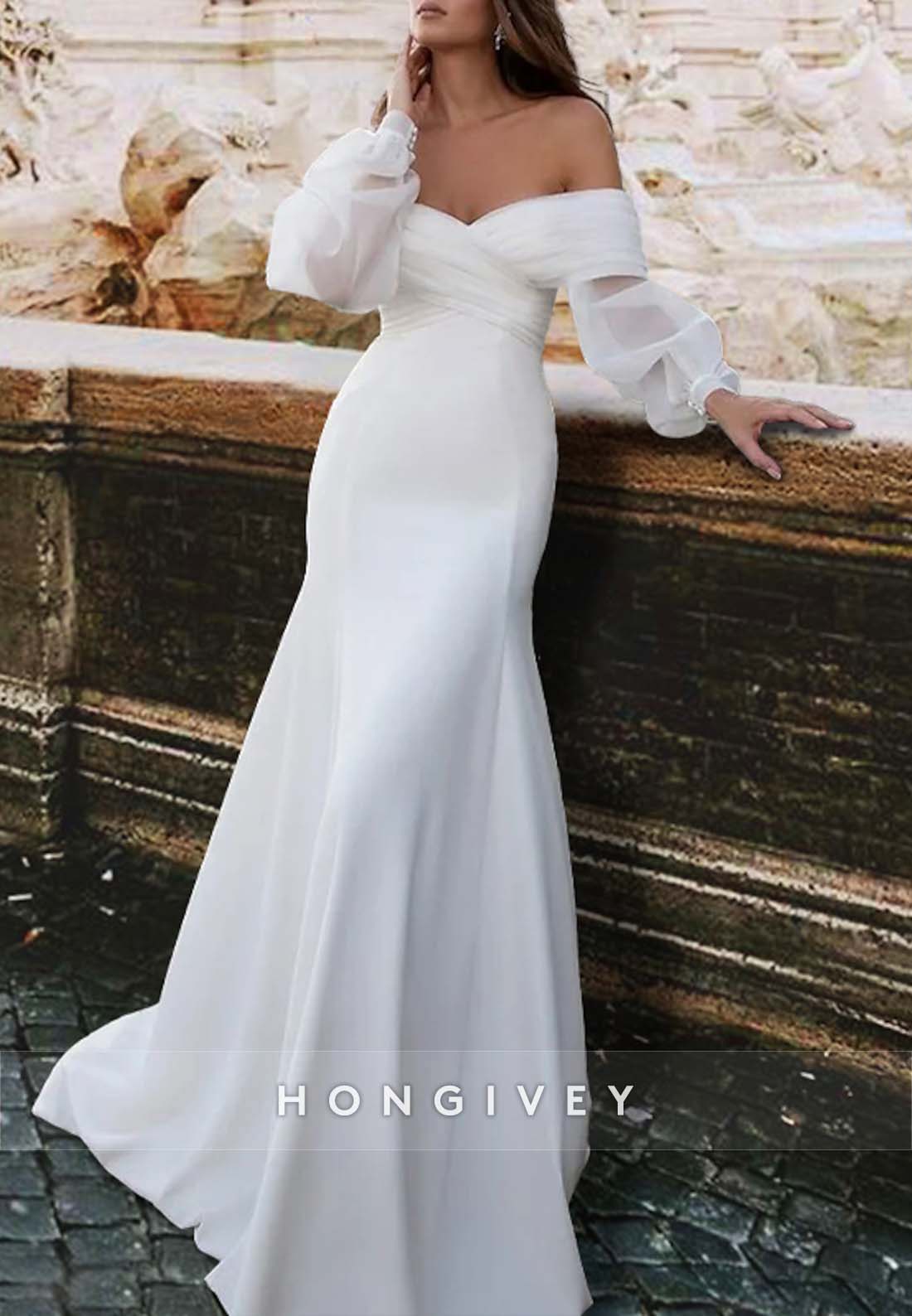 Off the Shoulder Court Train Pleated Trumpet Long Sleeve Wedding Dresses