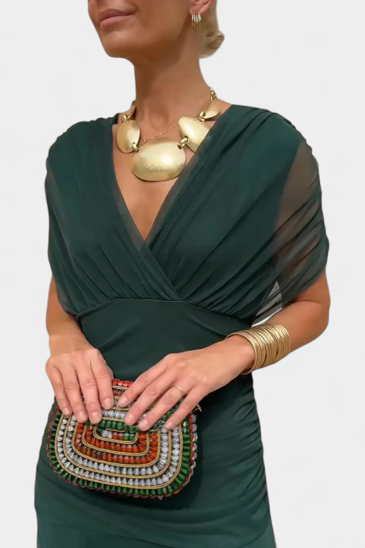 Deep V-Neck Ruched Draped Mesh Midi Dress