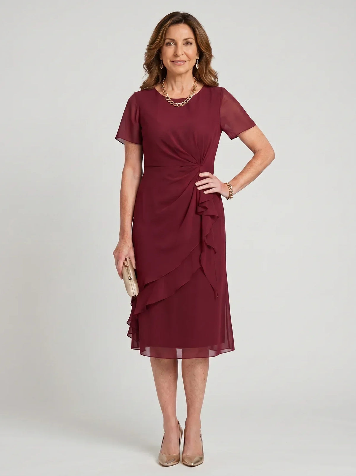 Round Neck Short Sleeve Ruched Waist Ruffle Front Midi Dress 2