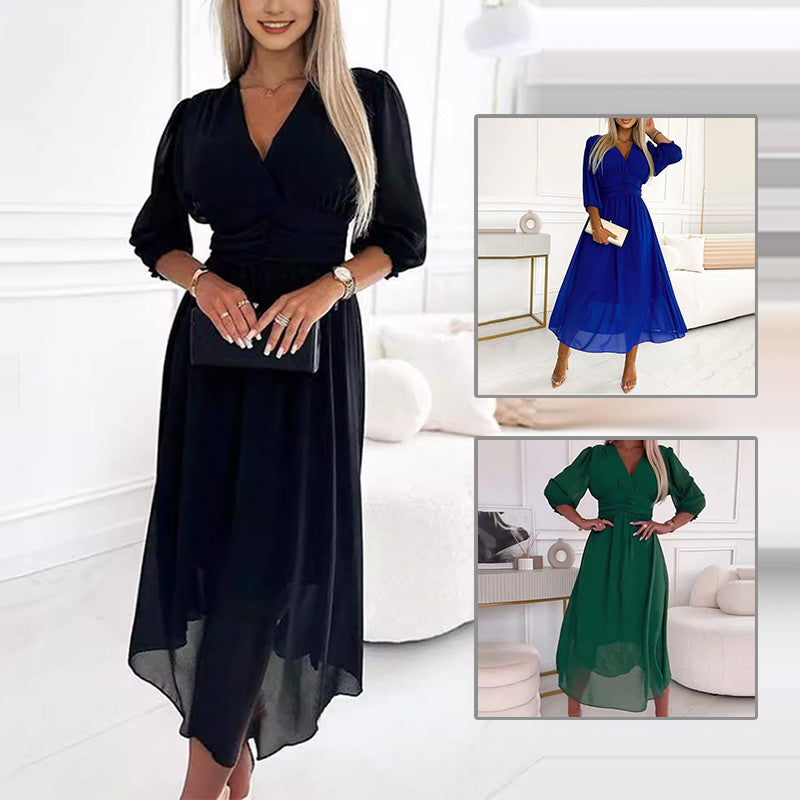 Chiffon Wrap V-Neck Long Puff Sleeve Ruched Waist Midi Dress