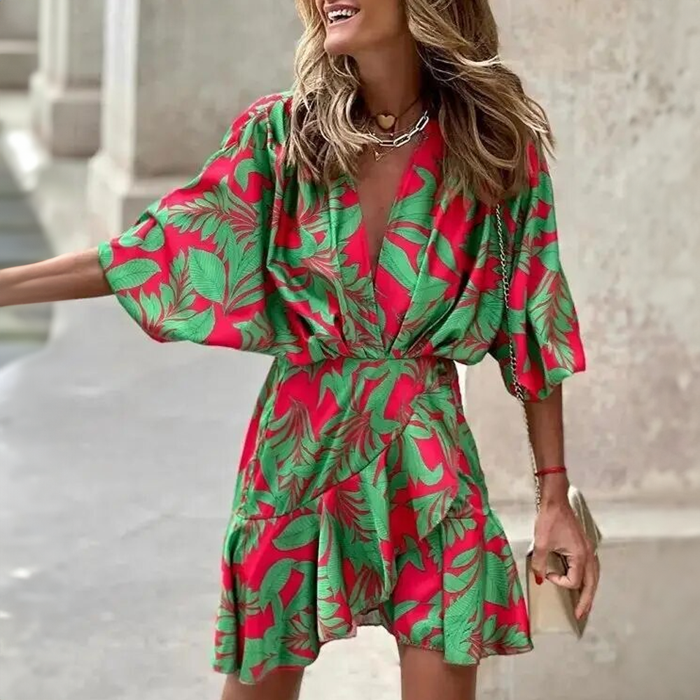 Palm Leaf Print Deep V-Neck Batwing Sleeve Wrap Ruffle Hem Mini Dress - View 3