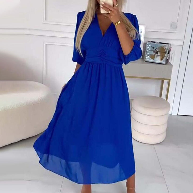 Chiffon Wrap V-Neck Long Puff Sleeve Ruched Waist Midi Dress - View 11