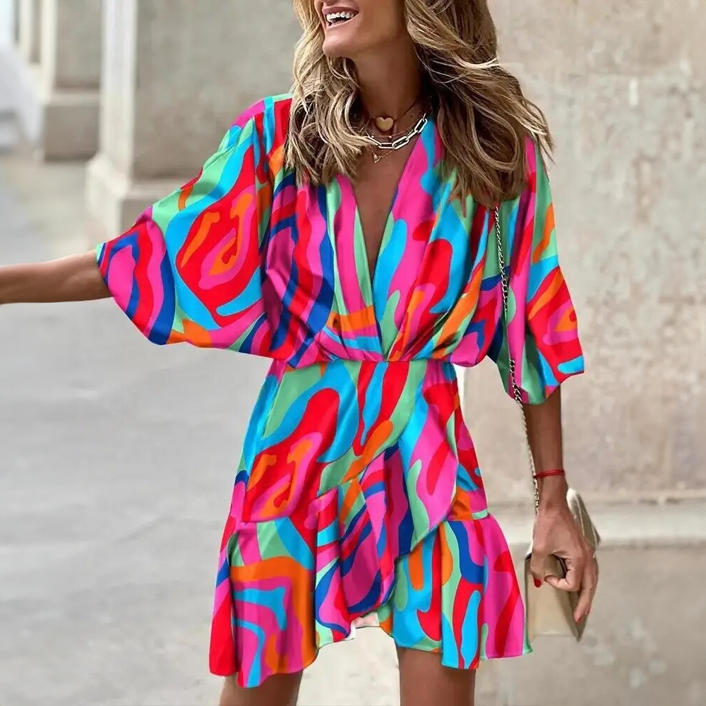 Palm Leaf Print Deep V-Neck Batwing Sleeve Wrap Ruffle Hem Mini Dress - View 2