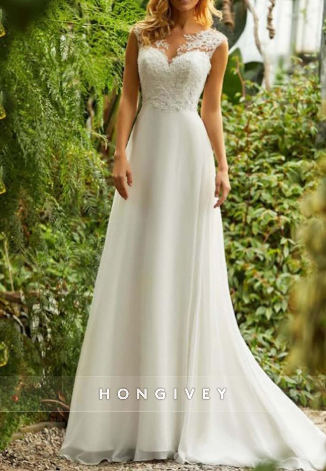 Cut out Back Pleated Sweep Train A-line Lace Sleeveless Boho Wedding Dresses