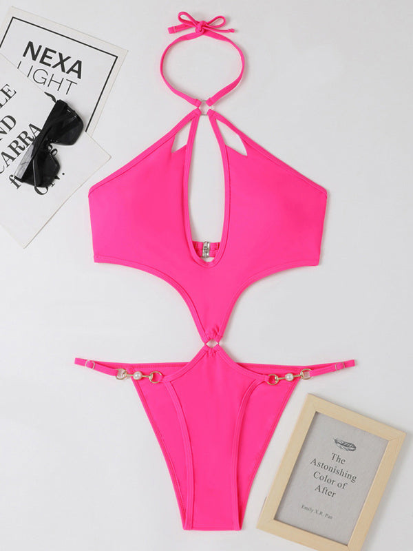 New one-piece multicolor hollow sexy pearl chain halter neck swimsuit - Fashionpara